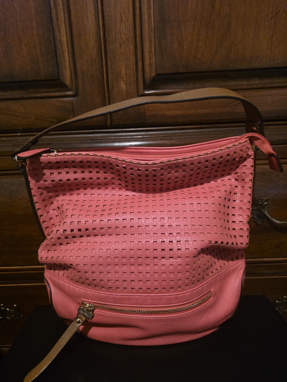 Pink Perforated Shoulder Bag with Front Zip Pocket